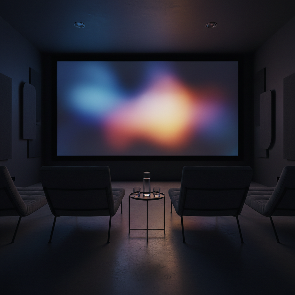 A photographic, atmospheric view of a studio screening and review space where finished work is evaluated. A large, wall-filling projection screen glows with an abstract, softly blurred frame of light and color, while a row of minimalist, low-profile lounge chairs sits in the foreground, upholstered in textured charcoal fabric. A slim, matte-black side table holds a glass carafe of water and two geometric tumblers, catching subtle reflections. The room is mostly dark, lit primarily by the cool, diffused projection glow, which casts faint, elongated shadows on the smooth concrete floor and softly illuminates acoustic panels along the walls. Captured from the back of the room at a slightly elevated angle, with deep depth of field, the composition feels contemplative, sophisticated, and quietly cinematic, evoking an intimate behind-the-scenes review session.