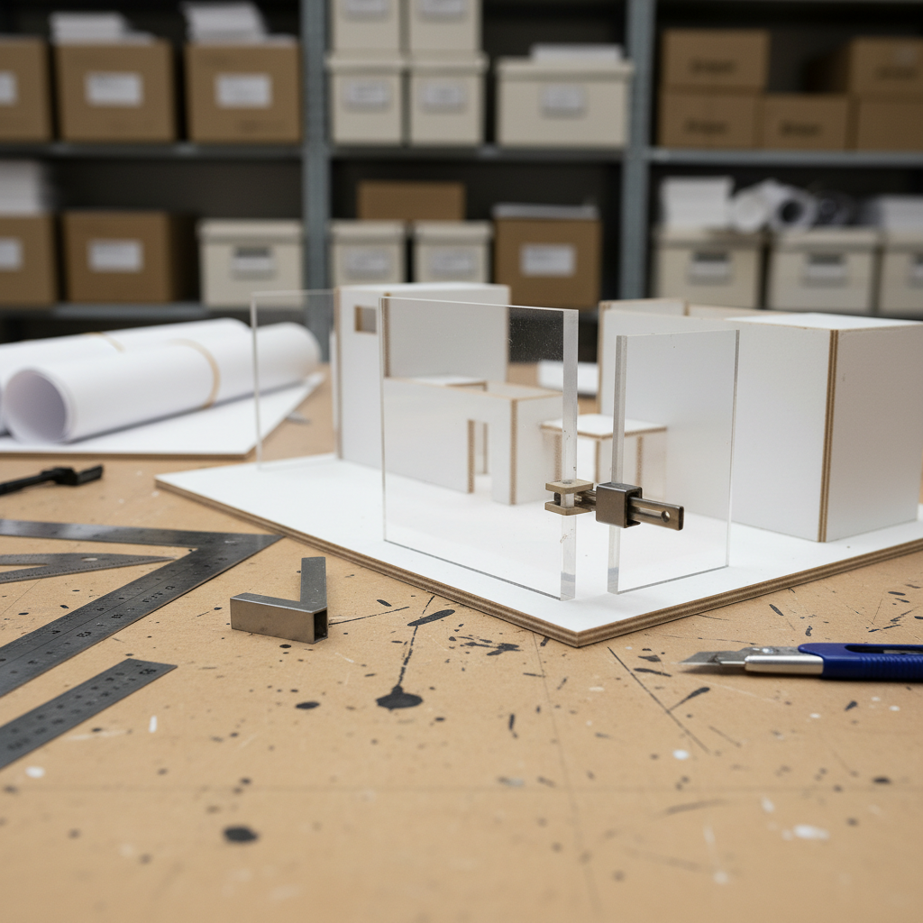 A photographic close-up of a work-in-progress physical prototype on a studio table, emphasizing tactile detail. At the center lies a partially assembled scale model made of smooth white foam board and transparent acrylic panels, edges meticulously cut and aligned. Precision cutting tools, metal rulers, and a small, brushed-steel clamp surround the model in a loose, organic arrangement. The tabletop is a well-worn, ink-splattered beech surface that hints at many past projects. Overhead, soft studio lighting creates even illumination with gentle, crisp shadows that define each component without harshness. In the background, blurred shelving filled with labeled archive boxes and rolled plans suggests an active, ongoing practice. Shot from a low, intimate angle with moderate depth of field, the image conveys concentration, craftsmanship, and thoughtful experimentation.