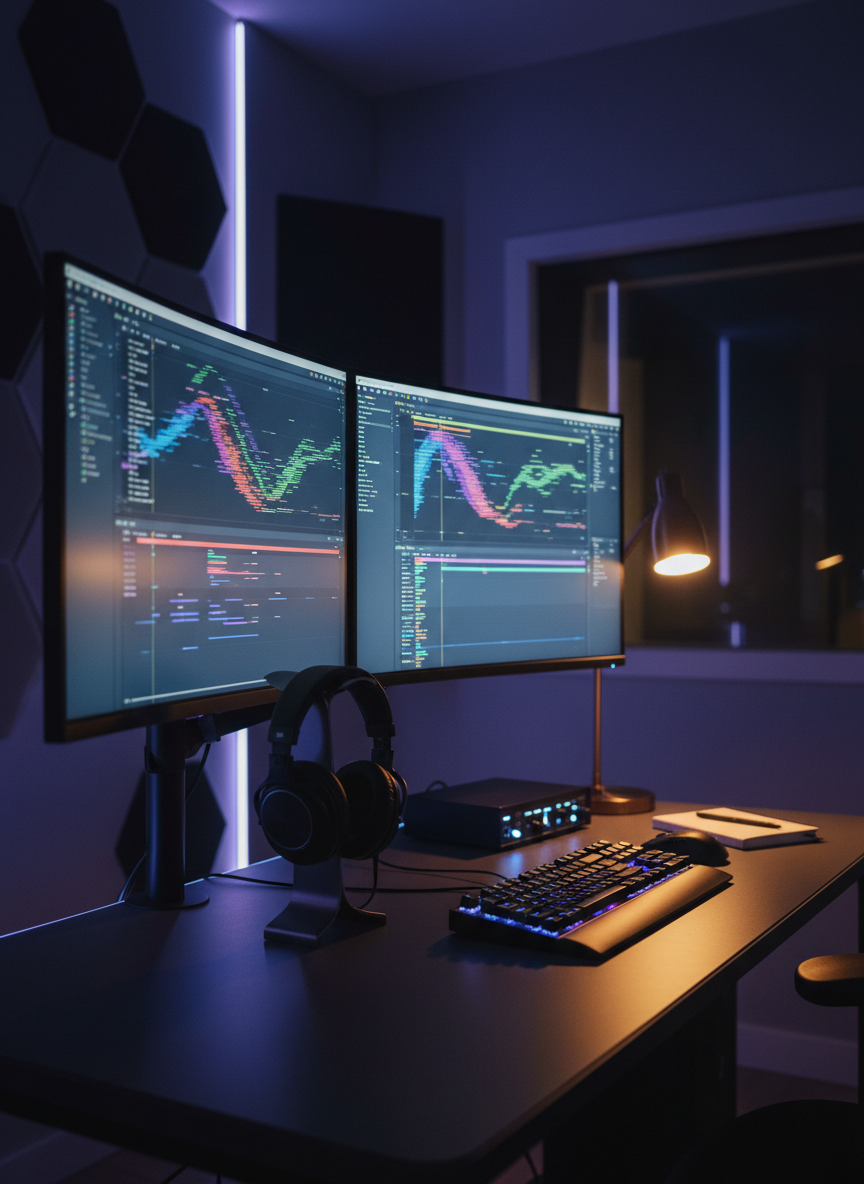 A high-end production workstation in a dimly lit studio, captured in cinematic photographic detail. Dual ultra-wide monitors display abstract, colorful timelines and motion graphics, reflected faintly on a matte charcoal desk. A precise arrangement of a mechanical keyboard, studio headphones hanging on a sculpted metal stand, and a small, glowing audio interface suggests active editing work. Soft, cool-toned LED strip lights trace the edge of the desk and wall, while a single warm desk lamp casts a gentle pool of light, creating a sophisticated contrast in color temperature. In the background, out-of-focus acoustic panels and a sound-isolated recording booth window evoke behind-the-scenes production. Shot at eye level with a shallow depth of field, the composition feels immersive, quiet, and intensely focused on digital craft.