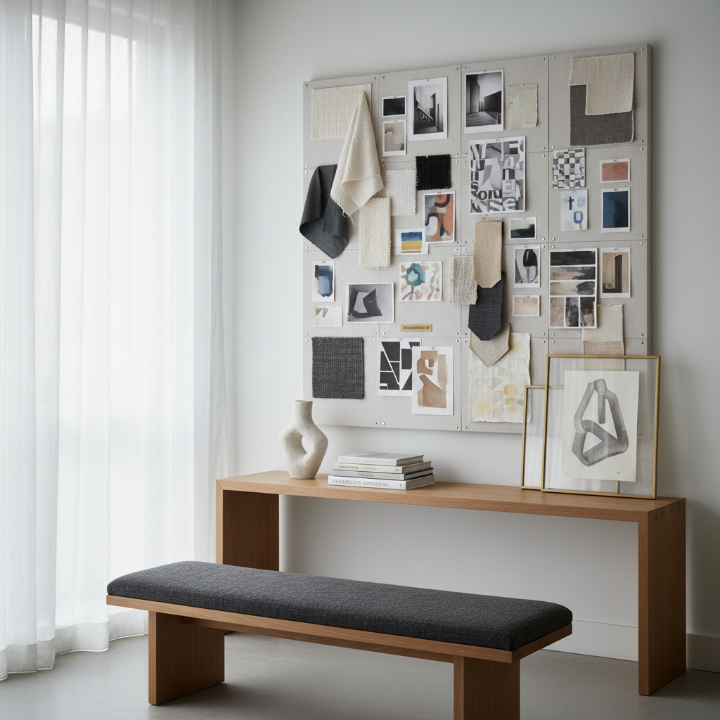 An elegantly styled corner of Wholeframe Studio’s workspace, rendered in crisp photographic realism. A large, wall-mounted mood board dominates the scene, filled with pinned fabric swatches, monochrome printouts, and abstract color studies, all carefully arranged in a grid. Below it, a minimalist oak console holds a single sculptural ceramic vase and a stack of well-thumbed design books. Soft, diffused afternoon light filters through sheer curtains, producing subtle gradients on the wall and gentle reflections on a framed glass panel. The floor is smooth, light concrete, and a low-profile bench with a textured charcoal cushion anchors the composition. Captured from a three-quarter angle with sharp focus throughout, the image exudes a sophisticated, contemplative mood, suggesting early-stage concept development and refined creative insight.